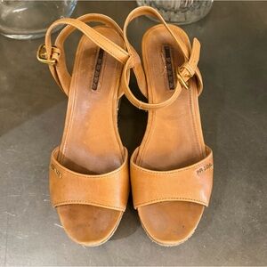 Prada Tan Leather Ankle-Strap Wedges